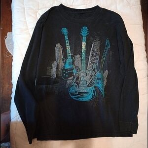 Black Long Sleeve Shirt with Guitar Print
